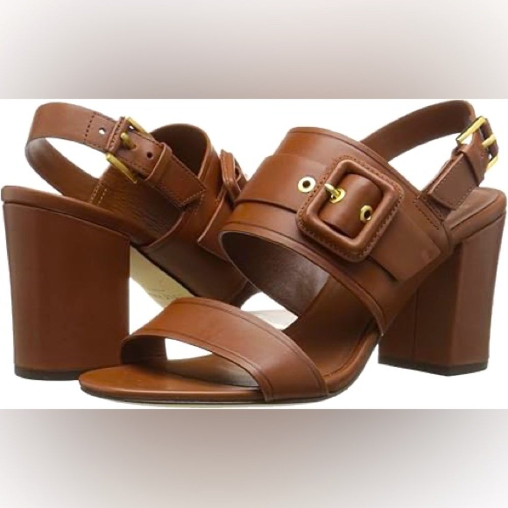 COLE HAAN Sequoia Brown Leather Double Band Buckle Block Heel Sandals sz 10.5